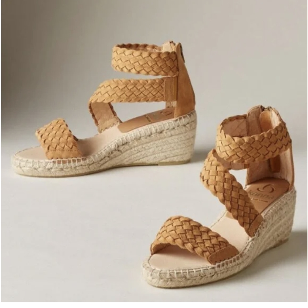 Kanna Anthropologie 8.5 Braided Strap Wedges Taupe Strappy Bohemian Summer